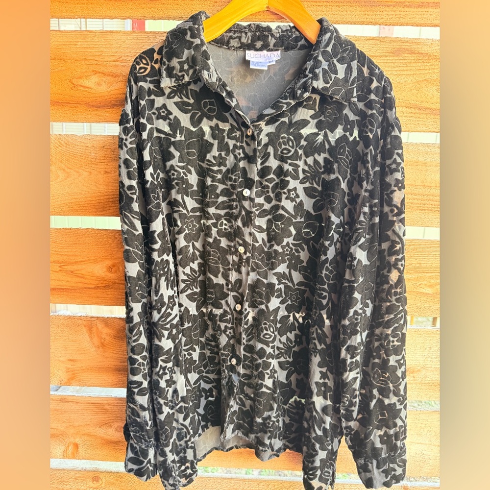 Suchada Burnout Velvet Floral Blouse‎ 2X | Sheer Boho Y2K Top Whimsygoth - Picture 2 of 9